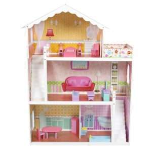 Large-Childrens-Wooden-Dollhouse-Fits-Barbie-Doll-House-Pink-With-Furniture