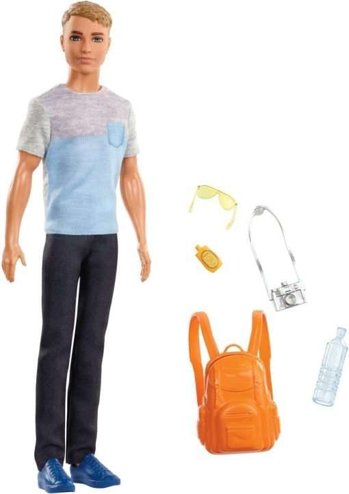 Barbie Ken Doll & 5 Travel-Themed Accessories, Includes Backpack That Opens & Closes, Fashion Doll with Dark Brown Hair