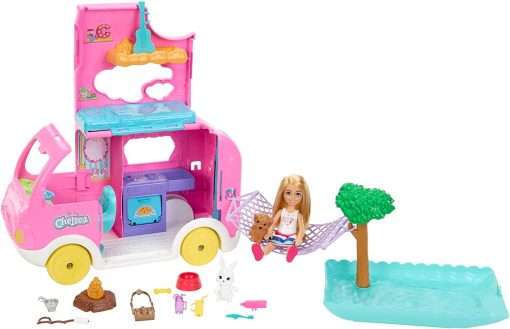 Barbie New 2023 Camper, Chelsea 2-in-1 Playset with Small Doll, 2 Pets & 15 Accessories, Vehicle Transforms into Camp Site