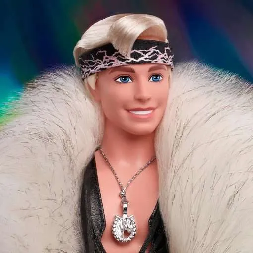 Barbie The Movie Collectible Ken Doll Wearing Big Faux Fur Coat and Black Fringe Vest with Bandana 3