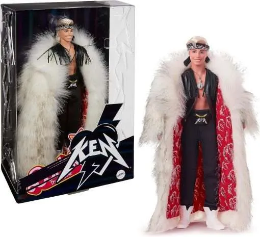Barbie The Movie Collectible Ken Doll Wearing Big Faux Fur Coat and Black Fringe Vest with Bandana
