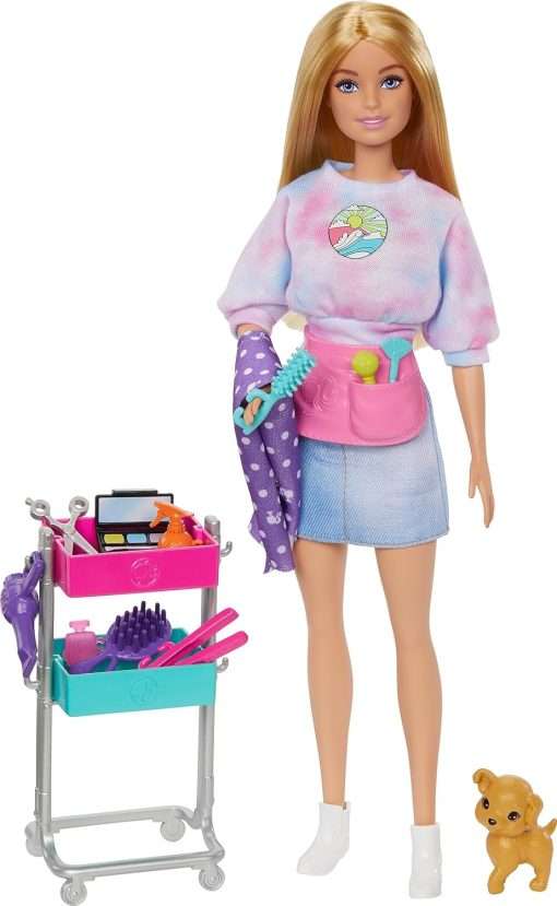 Barbie On-set Stylist Doll & 14 Accessories, Blonde Malibu Fashion Doll with Cart, Smock, Makeup Palette, Puppy & More, 3 years old and up, includes Toy