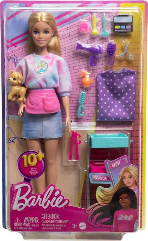Barbie On-set Stylist Doll & 14 Accessories, Blonde Malibu Fashion Doll with Cart, Smock, Makeup Palette, Puppy & More, 3 years old and up, includes Toy 6