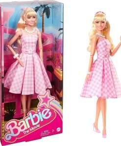 Barbie The Movie Doll, Margot Robbie as Barbie, Collectible Doll Wearing Pink and White Gingham Dress with Daisy Chain Necklace for 6 years and up