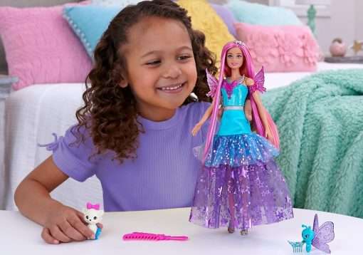 Barbie Doll with Two Fairytale Pets and Fantasy Dress, Barbie “Malibu” Doll from Barbie A Touch of Magic, 7-inch Long Fantasy Hair 2