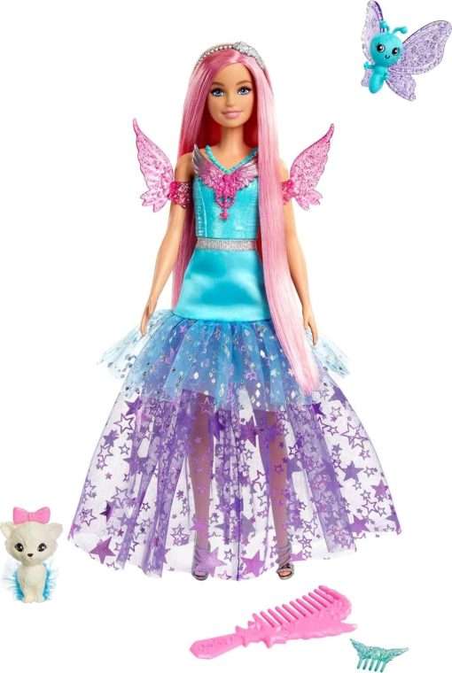 Barbie Doll with Two Fairytale Pets and Fantasy Dress, Barbie “Malibu” Doll from Barbie A Touch of Magic, 7-inch Long Fantasy Hair