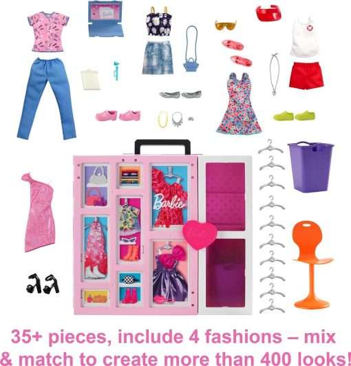 Barbie Dream Closet Playset, 35+ Clothes & Accessories Including 5 Complete Looks, Pop-Up Second Level, Mirror & Laundry Chute 4