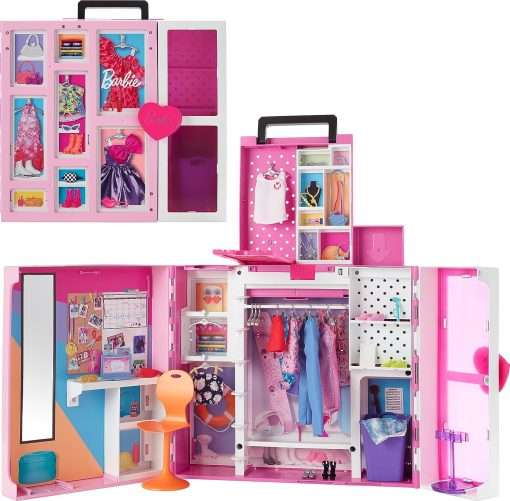 Barbie Dream Closet Playset, 35+ Clothes & Accessories Including 5 Complete Looks, Pop-Up Second Level, Mirror & Laundry Chute
