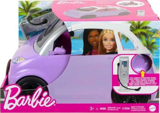 Barbie Car Kids Toys Stocking Stuffer, “Electric Vehicle” with Charging Station and Plug, Transforms into Convertible, Purple Car with Sunroof (Amazon Exclusive) 6