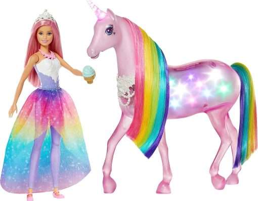 Barbie Dreamtopia Unicorn & Doll Set, Magical Lights with Rainbow Mane, Lights & Sounds, Plus Royal Fashion Doll with Pink Hair & Food Accessory (Amazon Exclusive)
