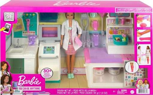 Barbie Fast Cast Clinic Doll & Playset, Brunette Doctor Doll, Furniture & 30+ Accessories Including Molds & Dough for Bandages 6