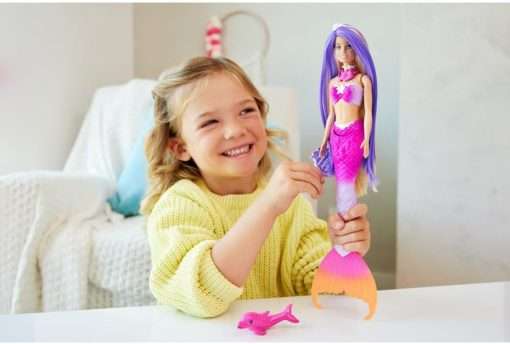 Barbie Mermaid Doll, “Malibu” with Pink Hair, Styling Accessories, Pet Dolphin and Water-Activated Color Change Feature 2
