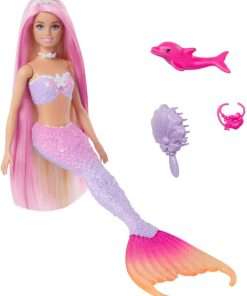 Barbie Mermaid Doll, “Malibu” with Pink Hair, Styling Accessories, Pet Dolphin and Water-Activated Color Change Feature