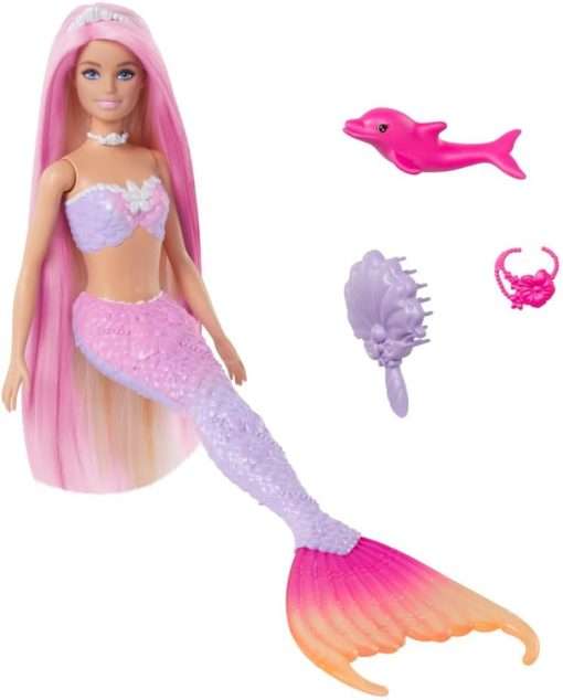Barbie Mermaid Doll, “Malibu” with Pink Hair, Styling Accessories, Pet Dolphin and Water-Activated Color Change Feature