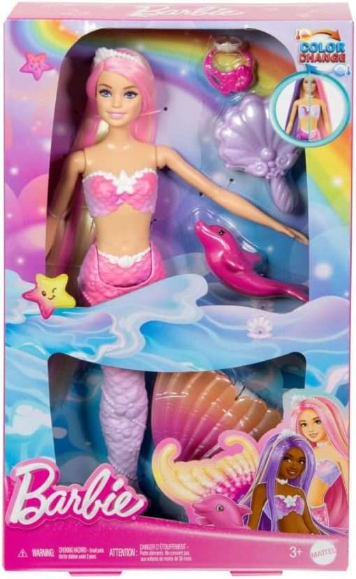 Barbie Mermaid Doll, “Malibu” with Pink Hair, Styling Accessories, Pet Dolphin and Water-Activated Color Change Feature 6