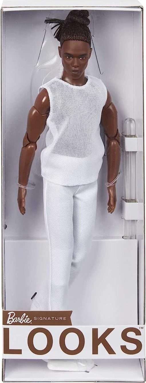 Barbie Signature Looks Ken Doll (Brunette with Braids & Bun Hairstyle) Fully Posable Fashion Doll Wearing White Shirt & Pants, Gift for Collectors 6