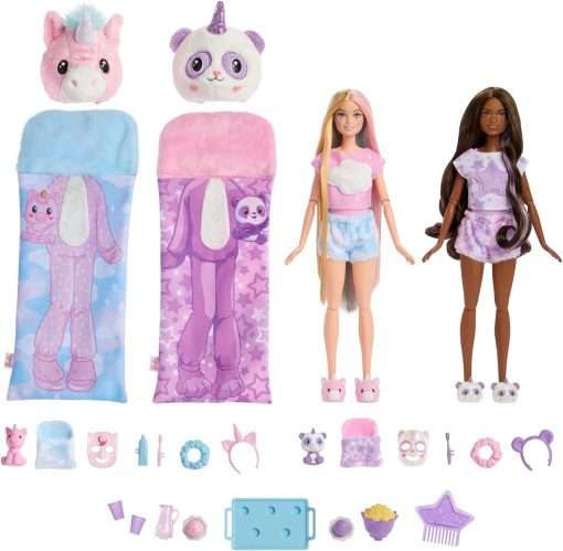 Barbie Cutie Reveal Gift Set with 2 Dolls & 2 Pets, Cozy Cute Tees Slumber Party with 35+ Surprises, Color Change & Costume Sleeping Bags