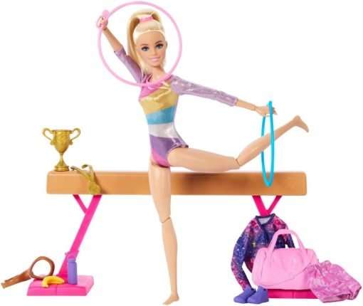 Barbie Gymnastics Doll & Accessories, Playset with Blonde Fashion Doll, C-Clip for Flipping Action, Balance Beam, Warm-Up Suit & More