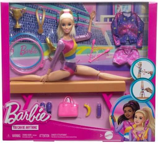 Barbie Gymnastics Doll & Accessories, Playset with Blonde Fashion Doll, C-Clip for Flipping Action, Balance Beam, Warm-Up Suit & More 6