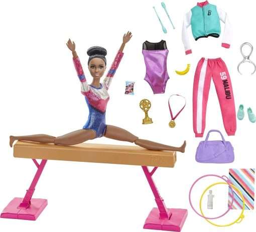 Barbie Gymnastics Playset Brunette Barbie Doll with Twirling Feature, Balance Beam, 15+ Accessories, Great For Ages 3 to 7 Years Old