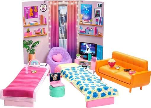 Barbie Big City, Big Dreams Dorm Room Playset with 2 Beds, Couch, Bean Bag Chair, Bedroom Furniture, Décor & Accessories, For 3 to 7 Year Olds