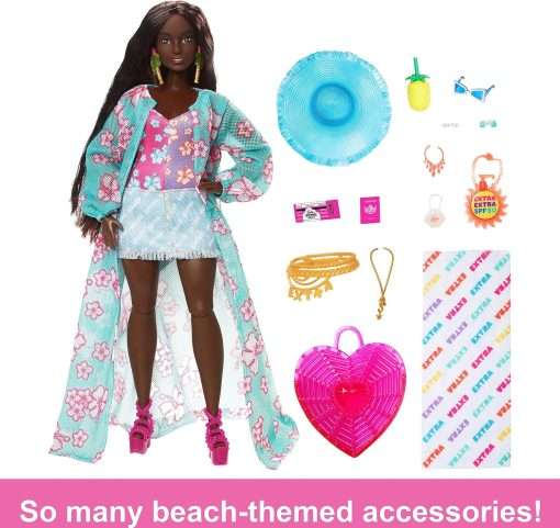 Barbie Extra Fly Doll with Beach-Themed Travel Clothes & Accessories, Tropical Coverup with Oversized Hat & Bag 3