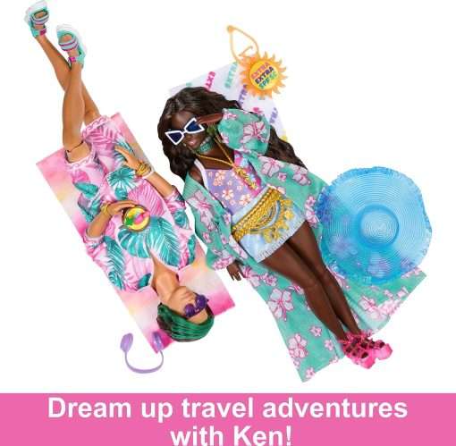 Barbie Extra Fly Doll with Beach-Themed Travel Clothes & Accessories, Tropical Coverup with Oversized Hat & Bag 4