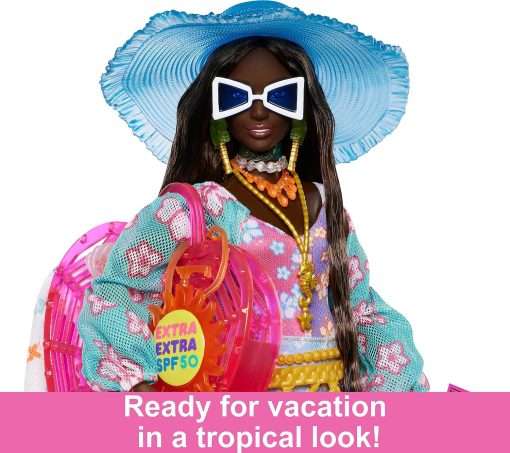 Barbie Extra Fly Doll with Beach-Themed Travel Clothes & Accessories, Tropical Coverup with Oversized Hat & Bag 5