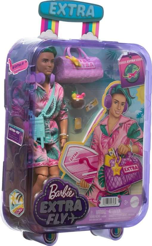 Barbie Extra Fly Ken Doll with Beach-Themed Travel Clothes & Accessories, Tropical Outfit with Boogie Board & Duffel Bag 6