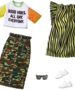 Barbie Fashions 2-Pack Clothing Set, 2 Outfits Doll Include Camo Pencil Skirt, Color-Blocked T-Shirt with Graphic, Lime Green Animal-Print Dress & 2 Accessories, for Kids 3 to 8 Years Old
