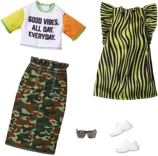 Barbie Fashions 2-Pack Clothing Set, 2 Outfits Doll Include Camo Pencil Skirt, Color-Blocked T-Shirt with Graphic, Lime Green Animal-Print Dress & 2 Accessories, for Kids 3 to 8 Years Old