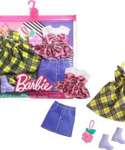 Barbie Fashions 2-Pack Clothing Set, 2 Outfits Doll Include Yellow Plaid Dress, Floral Top, Denim Skirt & 2 Accessories, Gift for Kids 3 to 8 Years Old - 1
