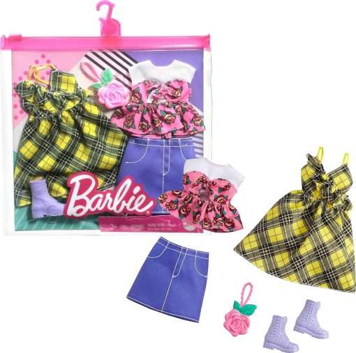Barbie Fashions 2-Pack Clothing Set, 2 Outfits Doll Include Yellow Plaid Dress, Floral Top, Denim Skirt & 2 Accessories, Gift for Kids 3 to 8 Years Old - 1