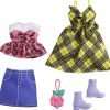Barbie Fashions 2-Pack Clothing Set, 2 Outfits Doll Include Yellow Plaid Dress, Floral Top, Denim Skirt & 2 Accessories, Gift for Kids 3 to 8 Years Old - 3