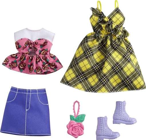Barbie Fashions 2-Pack Clothing Set, 2 Outfits Doll Include Yellow Plaid Dress, Floral Top, Denim Skirt & 2 Accessories, Gift for Kids 3 to 8 Years Old - 3