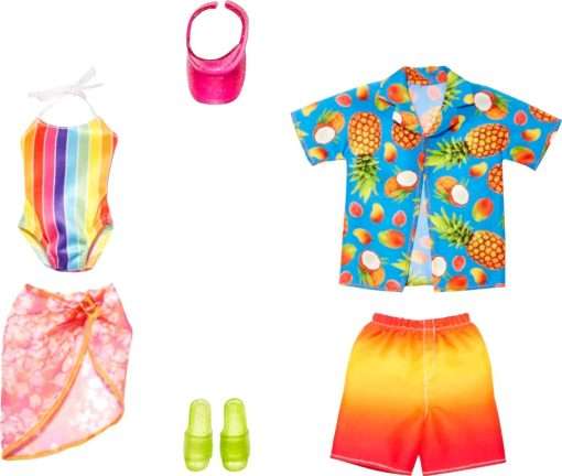 Barbie Fashions Doll Clothes and Accessories Set, Beach 2-Pack for Barbie and Ken Dolls with 2 Complete Swim Outfits - 1