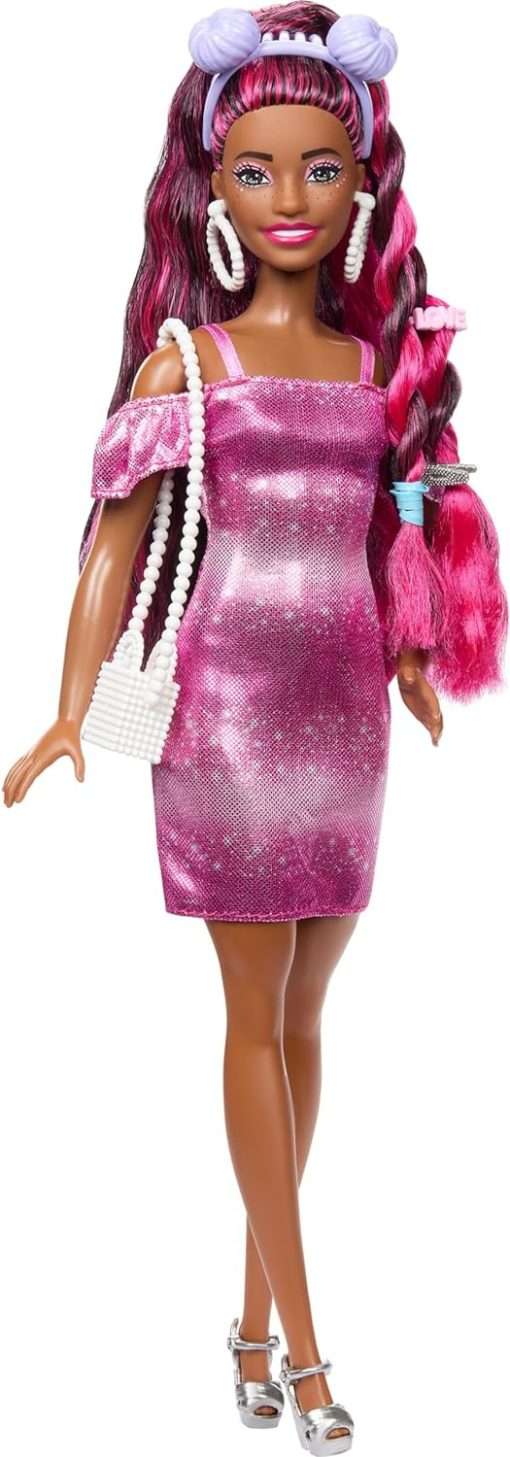Barbie Doll, Fun & Fancy Hair with Extra-Long Colorful Black Hair and Shimmery Pink Dress, 10 Hair and Fashion Play Accessories - 1