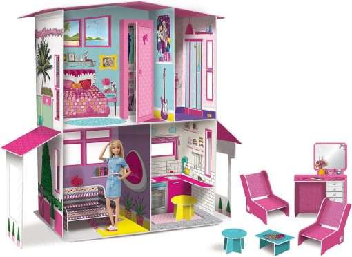 Barbie Dream House Pretend Play Doll House Two - Storey Villa, Arrange Furniture and Decorate with 3D Stickers - 1