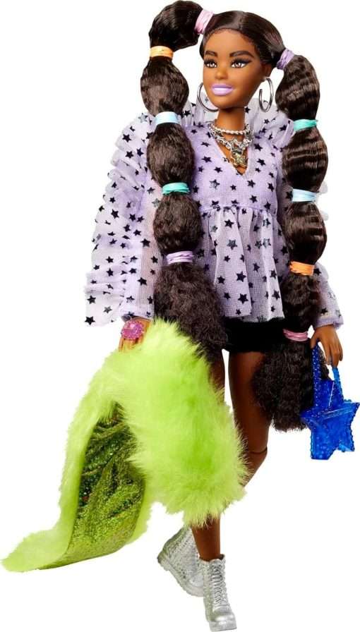Barbie Extra Doll & Accessories with Long Pigtails & Rainbow Hair Ties in Shorts & Furry Shrug with Pet Pomeranian - 1