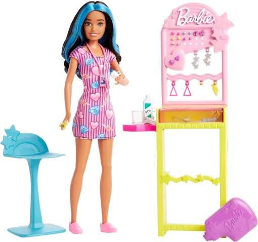 Barbie First Jobs Skipper Set with Dummy Doll, Ear Piercing Station with Piercing Tool, 10 Pairs of Earrings and 5 Accessories, Children's Toy, from 3 Years, HKD78 - 1