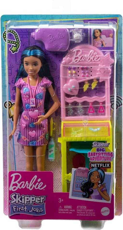 Barbie First Jobs Skipper Set with Dummy Doll, Ear Piercing Station with Piercing Tool, 10 Pairs of Earrings and 5 Accessories, Children's Toy, from 3 Years, HKD78 - 7