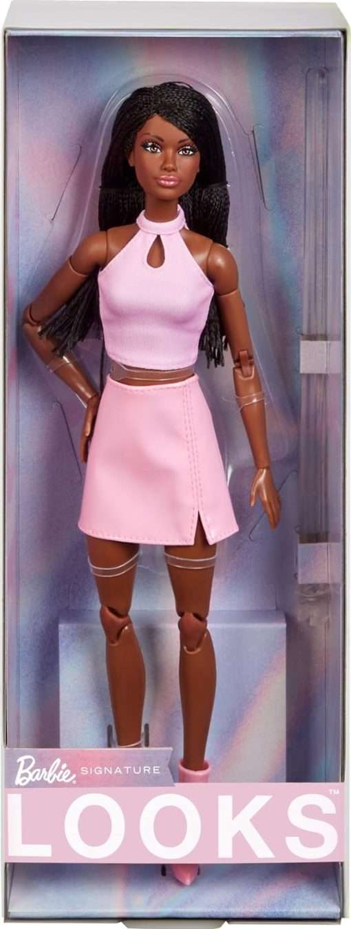 Barbie Looks Doll, Collectible No. 21 with Black Braids and Modern Y2K Fashion, Pink Halter Top and Faux-Leather Skirt with Ankle Boots - 1