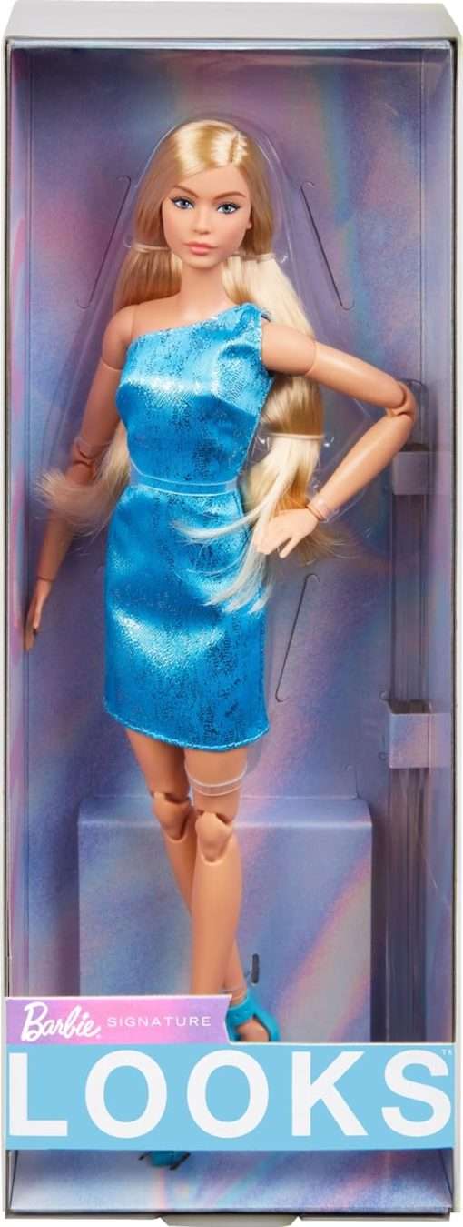 Barbie Looks Doll, Collectible No. 23 with Ash Blonde Hair and Modern Y2K Fashion, Metallic Blue One-Shoulder Dress with Strappy Heels
