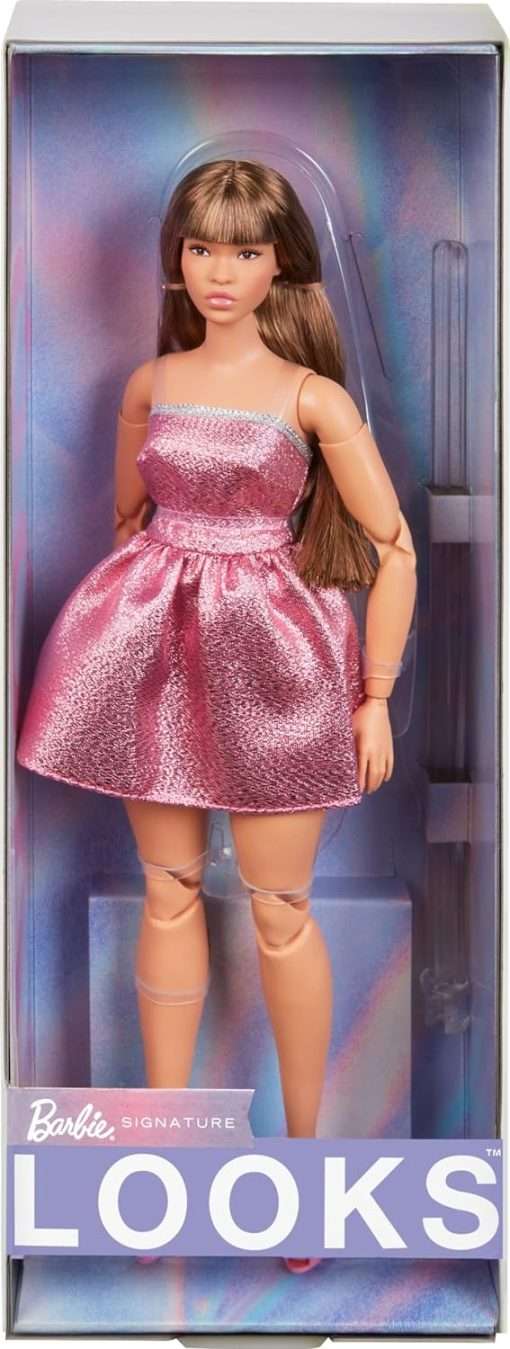 Barbie Looks Doll, Collectible No. 24 with Brown Hair and Modern Y2K Fashion, Shimmery Pink Strapless Dress with Peep-Toe Heels - 1