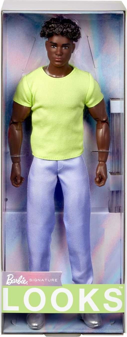 Barbie Looks Ken Doll, Collectible No. 25 with Curly Black Hair and Modern Y2K Fashion, Chartreuse Tee and Pastel Trousers with Silver Boots - 1