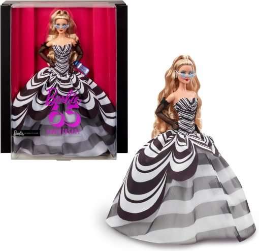 Barbie Signature Doll, 65th Anniversary Collectible with Blonde Hair, Black and White Gown, Sapphire Gem Earrings and Sunglasses - 1
