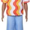 Barbie Fashionistas Ken Doll #220 with Behind-The-Ear Hearing Aids & Broad Body Wearing a Removable Orange Patterned Shirt, Shorts & Jelly Sandals - 1