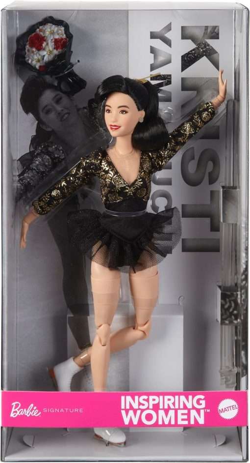 Barbie Inspiring Women Doll, Kristi Yamaguchi Collectible in 1992 Winter Olympics Costume, Sparkly Black and Gold Leotard and White Skates - 1