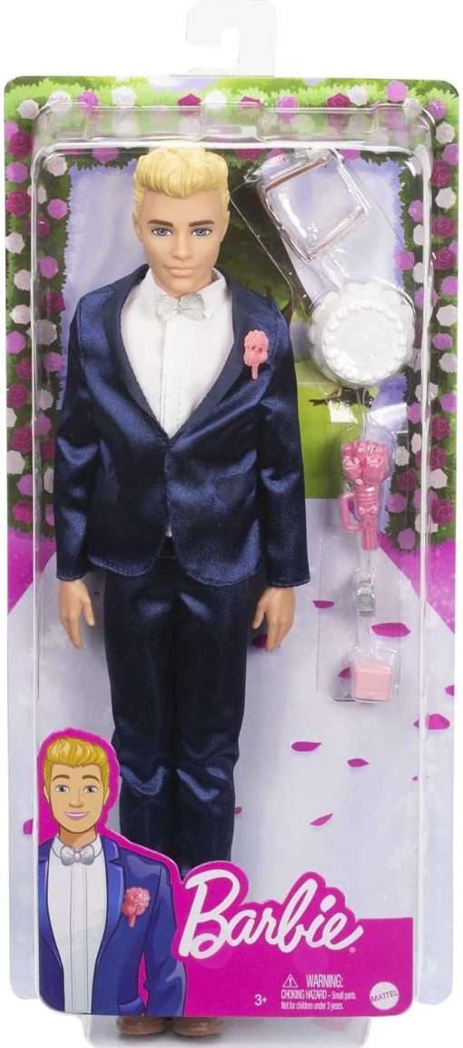 Barbie Ken Doll, Blonde Fairytale Groom with Satiny Blue Suit and 5 Accessories Including Bouquet and Wedding Cake - 6
