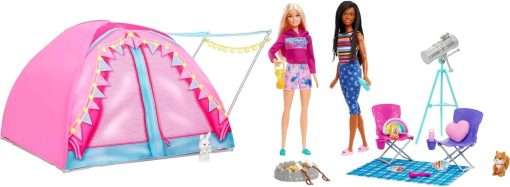Barbie Dolls & 20 Accessories, It Takes Two Camping Tent Playset with Brooklyn & Malibu Dolls & 2 Moving Animals - 1